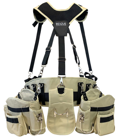 Tool Belt With Suspenders - Adjustable System with 2-Power Tool Hooks - Tool Pouch For Framers Carpenter Electrician (Khaki)