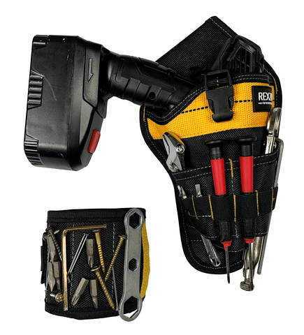 Drill Tool Belt Holster and Magnetic Wristband Combo, Safe and Convenient Storage for Electric Drill, bits, Screws and Accessories for Men, Tradesman and DIY Enthusiast (Black/Yellow)